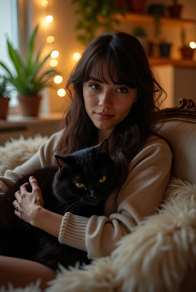 Woman with long wavy hair with bangs and dark eyes hugging a black cat