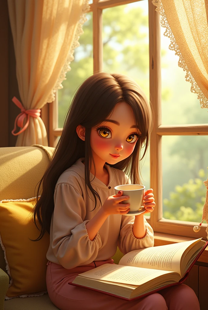 Sitting by a window with a cup of tea, her bright yellow eyes scanning the pages of a book, lost in thought. The character has long, straight, and untidy brown hair. She has soft, delicate facial features, with bright, expressive yellow eyes that reflect a serene and thoughtful expression. Her skin is fair and she is beautiful, do it in the Disney Pixar style.