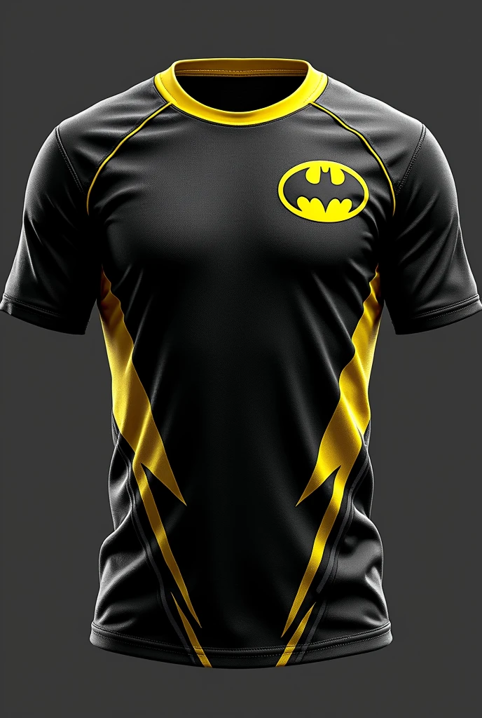 make this batman bat smaller and place it on the right side of the chest. And please add a transparent batman design on the bottom area of the shirt.. Leave a sporty essence for school games. Show the complete shirt please.
Keep these details in the black part, add lots of yellow details to the shirt, make this bat smaller and place it on the right side of the peoto. Don&#39;t forget to leave the essence of sports jersey for school games. Make it really eye-catching, Although, don&#39;t turn it into a cosplay, leave the sporty. Make a shirt that would make everyone look at you with envy, maintaining the sporting essence.

DO THE FRONT PART