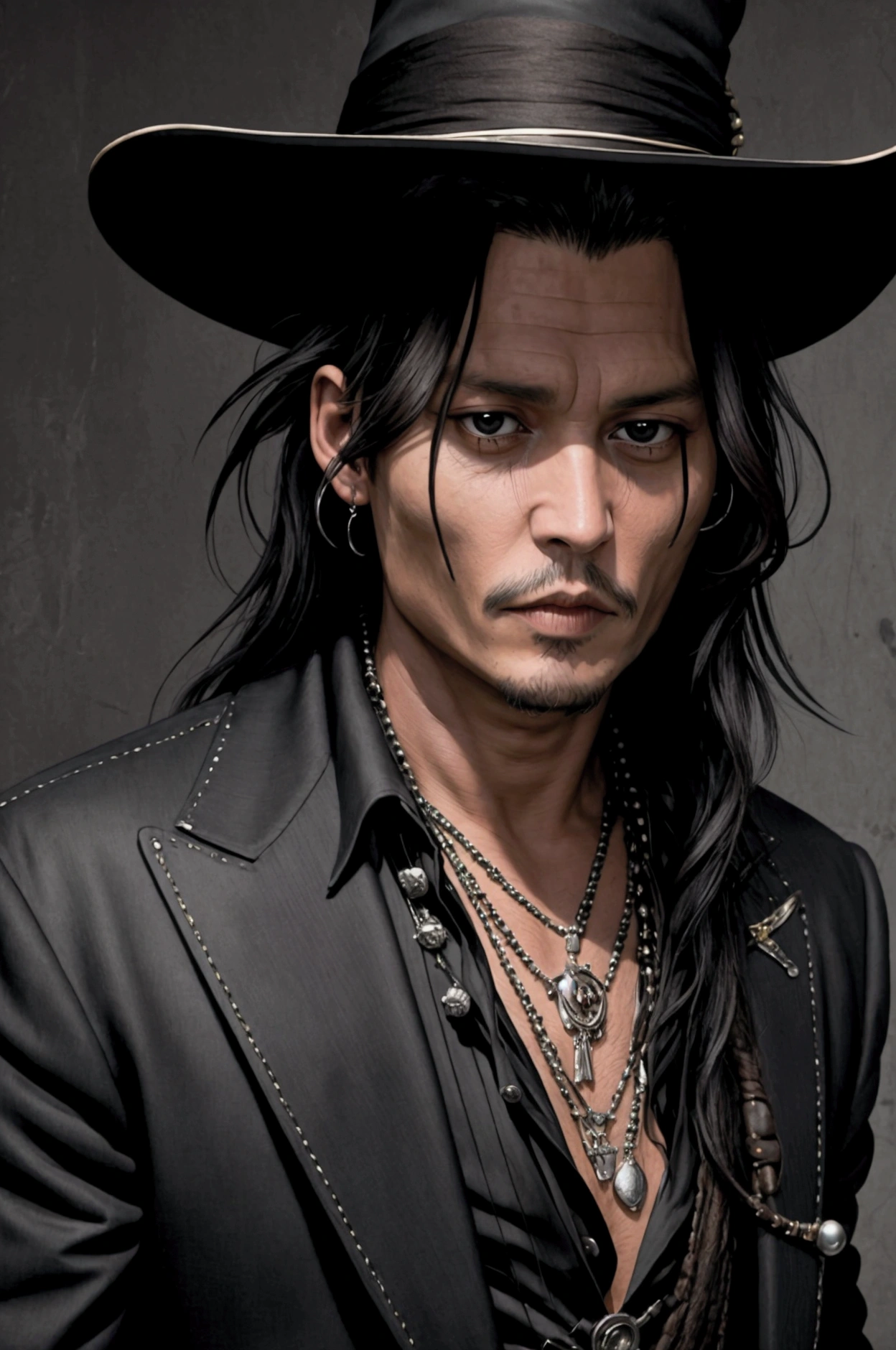 Johnny Depp looking, long black hair, face photo, facing the front,