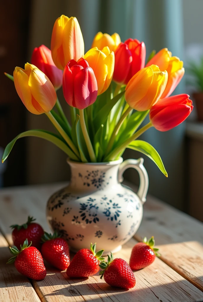 Still life drawing of tulips and strawberries on a table