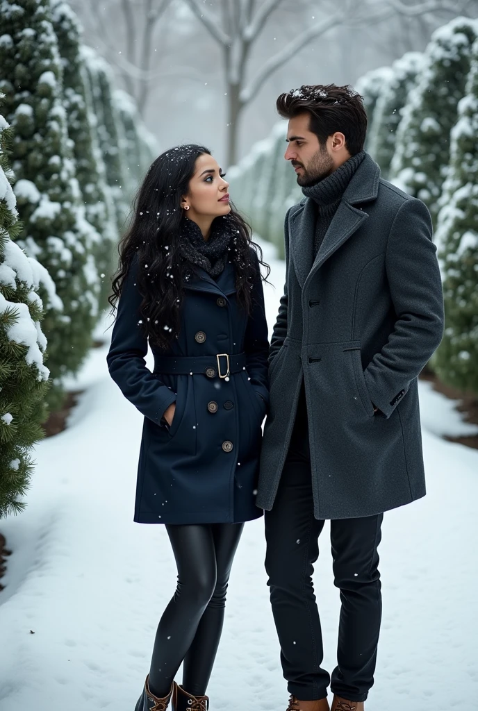 a woman with black hair and green eyes talking to a tall man with black hair and green eyes and they are both wearing winter clothes walking through a snowy garden in the most realistic style you can get



