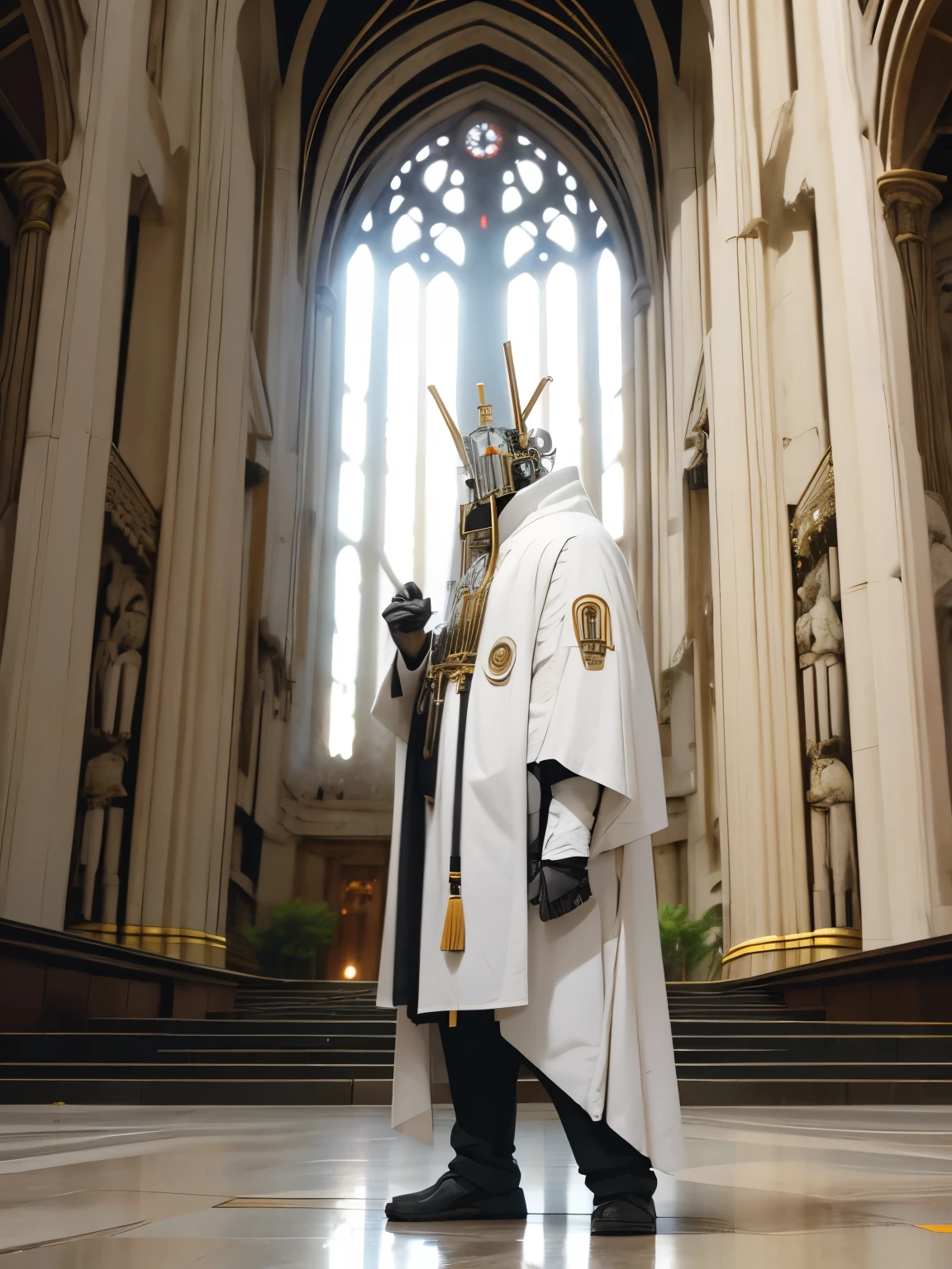 robot with white clothes in the center of a big temple church