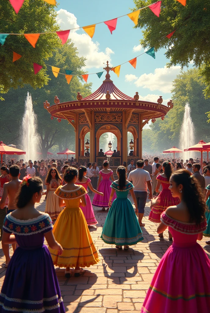 (photorealism:1.2), mexican party at the mainsquare, people arnd the kiosko in the middle or beatiful garden with trees and fountains