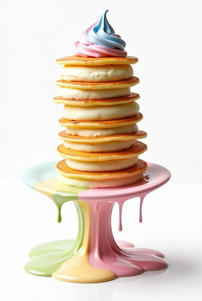 Japan soufle pancake of ice cream 
nomad style
The ice cream melting 
One pancake tall
White background
 no plate
which is like flying 