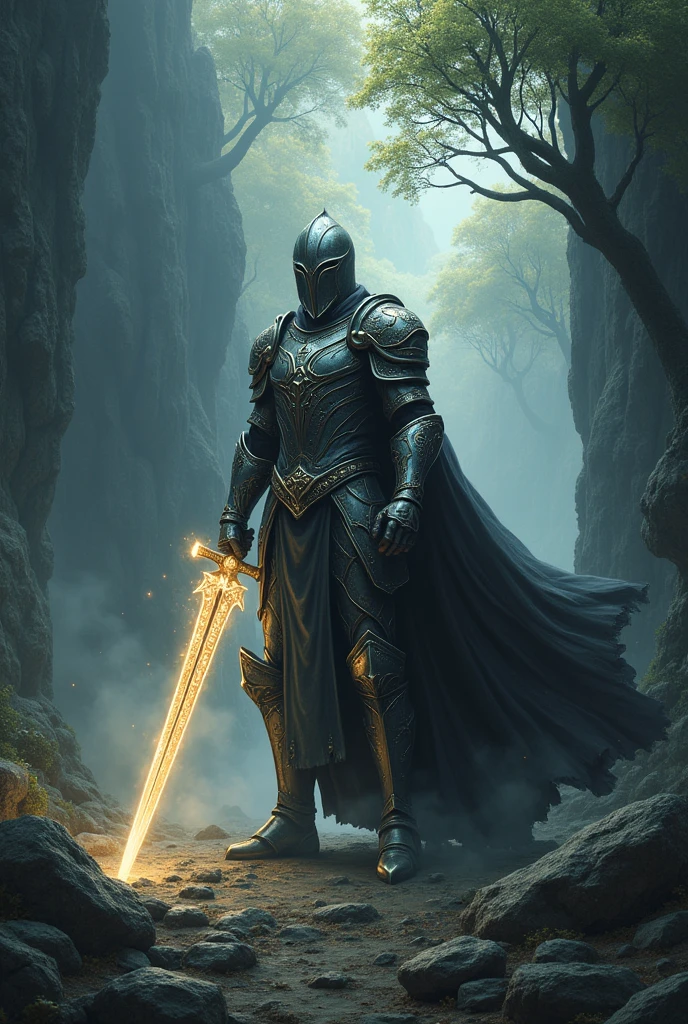 Warrior in armor and sword in dark valley emitting light in holy spirit war