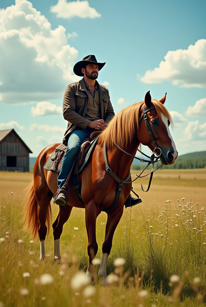 A man riding a horse, at the field, farm