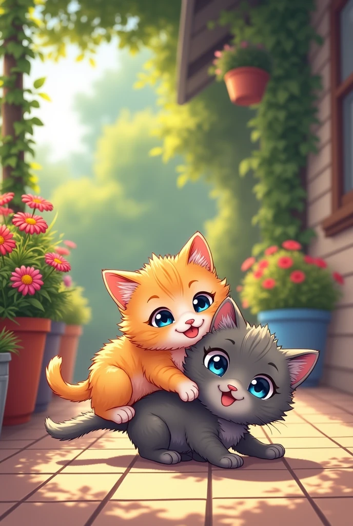 2 kittens playing in the porch, anime style, sharp quality line art