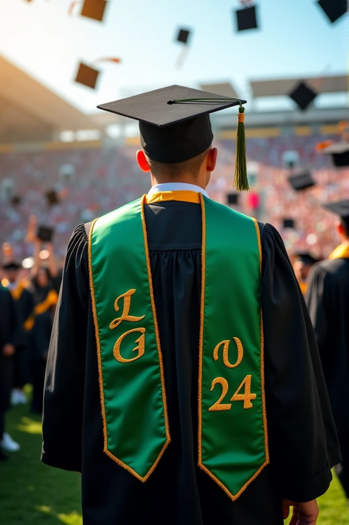 a green graduation stole with gold edges and saying class of 2024
