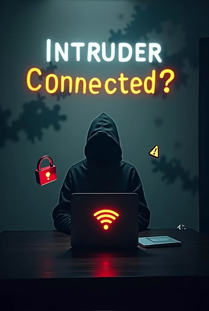 Create a dark background using shades of gray or dark blue to evoke mystery and alertness; position the silhouette of a person from the side, slightly tilted, with their face turned toward a laptop, in black or dark gray to stand out against the background; place the open laptop in front of the person, with the screen visible in profile, and add a Wi-Fi icon on the screen; over the screen or near the silhouette, add a Wi-Fi icon in white or light blue to contrast with the dark background; next to the Wi-Fi icon, insert a small broken padlock in red or orange to suggest an insecure connection; place the text "Intruder Connected?" at the top of the thumbnail in a bold, easy-to-read font, in colors like white or yellow; add a slight glow around the silhouette or the Wi-Fi icon to make them stand out more; insert a small yellow alert triangle with an exclamation point in a corner of the thumbnail to increase the sense of urgency; adjust the contrast and clarity of all elements to ensure the message is clear and attractive, even in a reduced size.