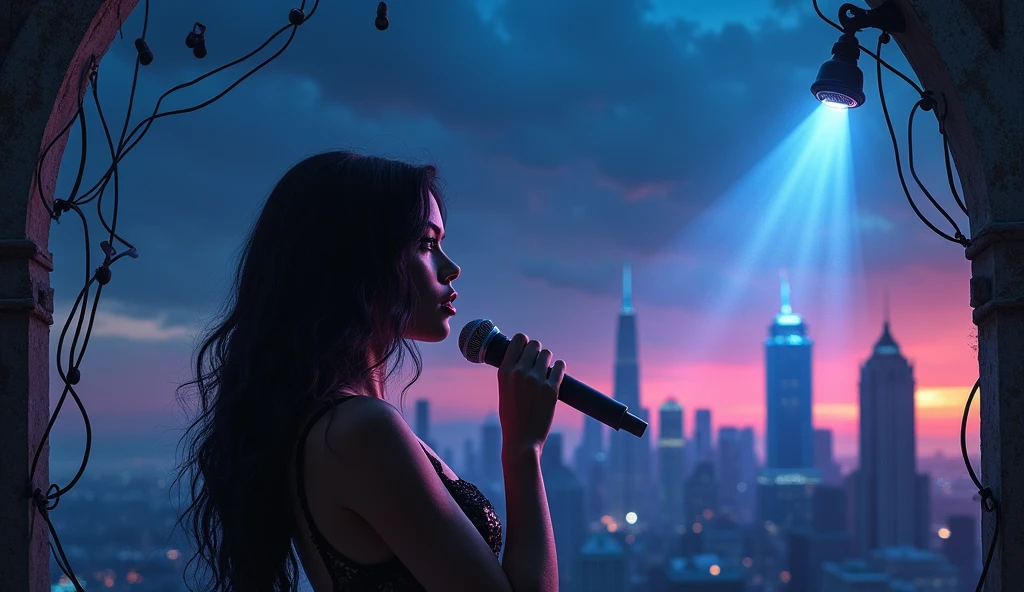 For the cover of the song “Fame's Mirage,” create a 16:9 ratio image with a sexy, realistic female singer as the central figure. Ensure her lifelike appearance and confident allure stand out prominently. Position her against a dramatic city skyline at twilight, with deep blues and purples setting a moody urban backdrop. Include a broken mirror reflecting a bright spotlight to symbolize the illusion and fleeting nature of fame. Display the title, “Fame's Mirage,” in a bold, modern font, positioned at the top or center of the cover. Add subtle elements like a microphone and musical notes, integrating them seamlessly with the singer’s image to enhance the urban and melodic theme. create in landscape mode in 16:9 ratio