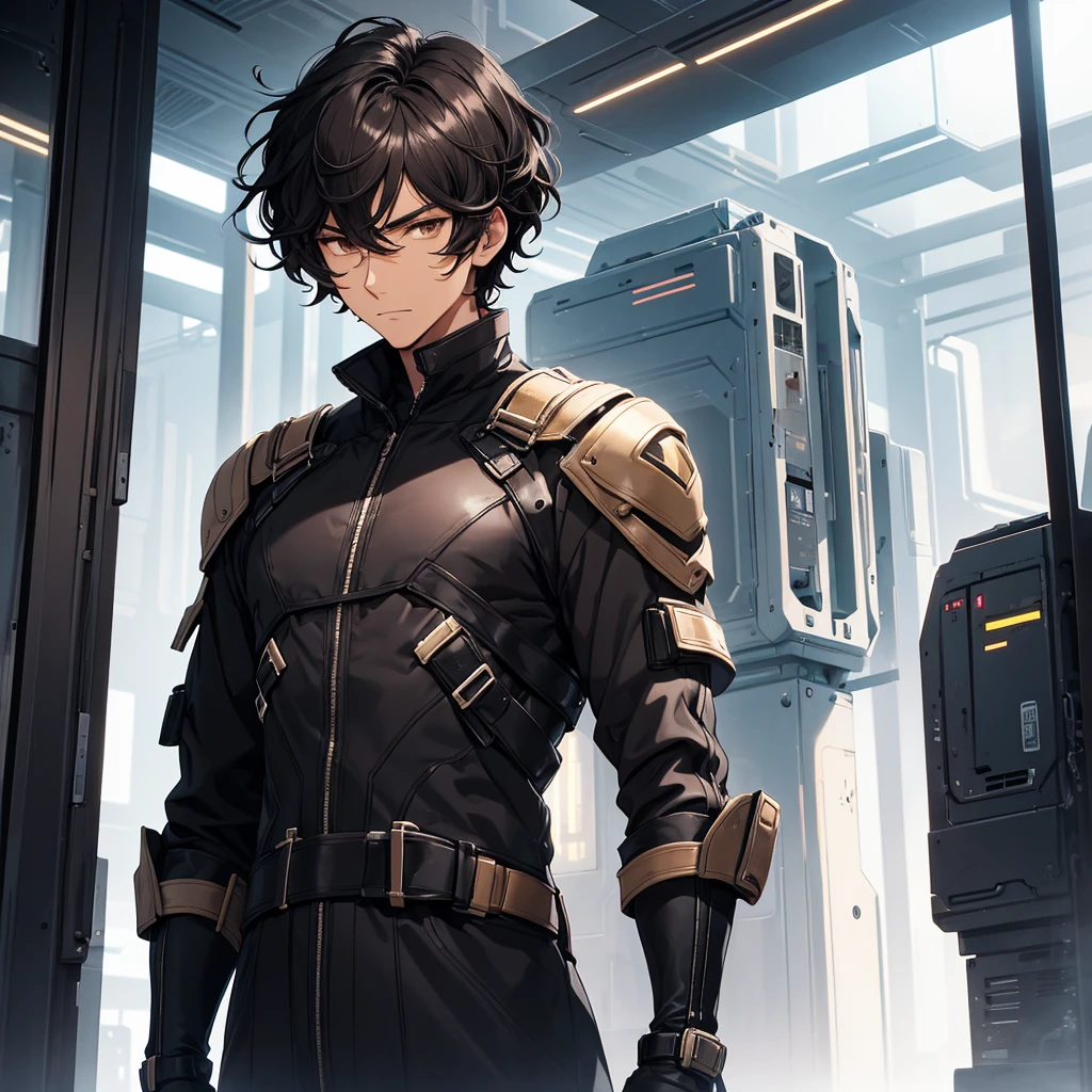 tall man with short hair, black and wavy. brown eyes and has a serene appearance. is in a futuristic setting