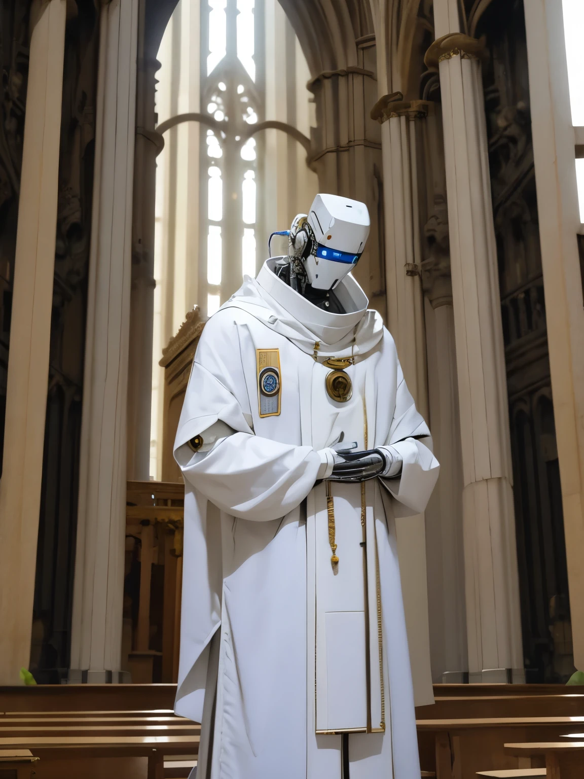 robot with white clothes in the center of a big temple church