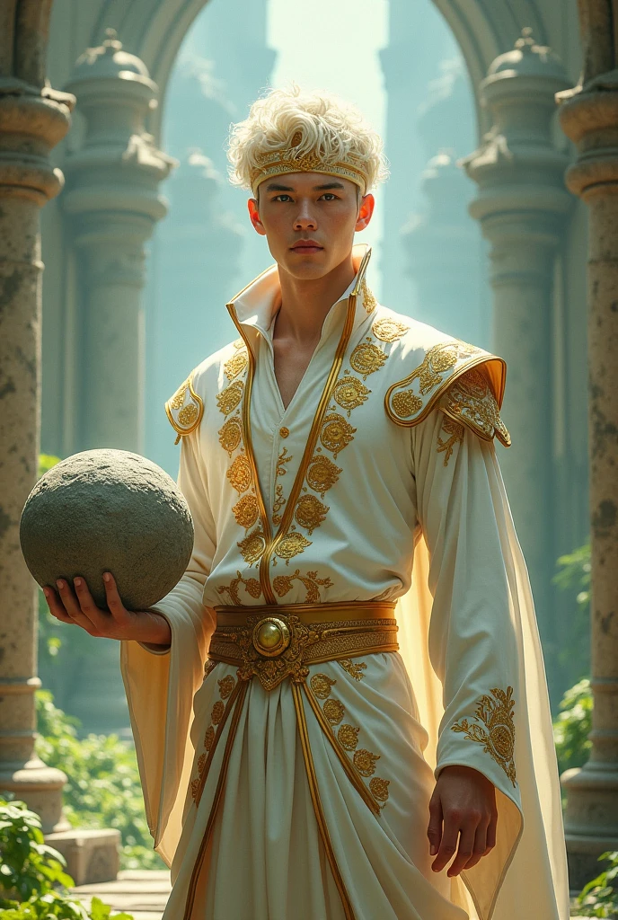 22 year old man, short, wavy white hair and large yellow eyes and round face. Dressed as a king with a golden crown and a white outfit. With powers lifting a stone with the mind