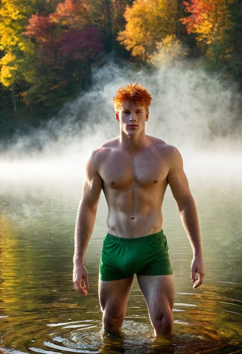 red head guy, beautiful body, shirtless, green boxers, taking bath in autumn little beautiful lake add fog on lake, and dramatic light