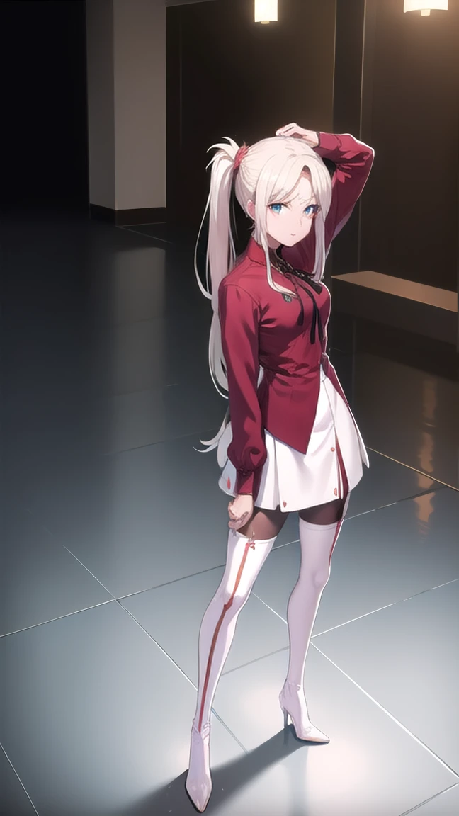 ((Full body photo, standing, on the floor)) masterpiece, ultra quality, 8K, best quality, absurdres, perfect anatomy, anime_girl, 1girl, solo, Irisviel von Einzbern, ponytail, hairpin, red shirt, dress shirt, red thigh high boots, heels, white skirt, pantyhose, cowboy shot, standing, smile, indoors, arms behind back, room, night, quiet environment, 
skinny legs, excellent facial features, different poses, A pretty girl, beautiful appearance, 