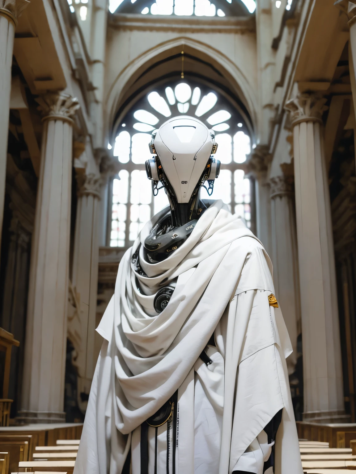 robot with white clothes in the center of a big temple church