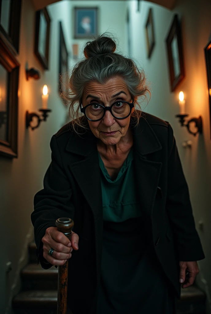 Bad grandmother with glasses and cane looking down