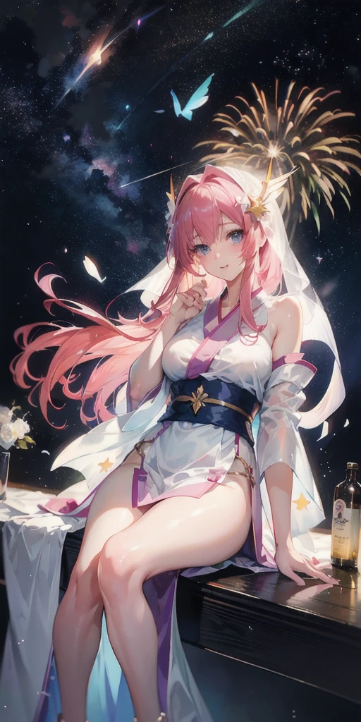 32K,超High resolution,超Highest quality,masterpiece,Hyperrealistic,〜20-year-old female,Full body photo,Full body angle,Whole Body Ezbian,Surreal,Very detailed:1.3,Ultra-realistic:3.0,masterpiece,Detailed eyes,Detailed skin,Detailed face,Shiny skin,Detailed Hair,White skin,Perfect lighting,Glossy Lips,wallpaper,京都animeーション, animeカラーリング ,Produced by Sunrise,BANDAI NAMCO,Klein Lake,Gundam SEED,In 2011〜2024 Era \(style\),((Lacus Clyne)),masterpiece, Highest quality, High resolution, anime, Lacus 1, One person, alone, Pink Hair, Straight hair, hair ornaments, White sleeves, blue eyes,(( Yukata,Swimsuit,Yukata)), Very long hair, Bare shoulders, Large Breasts, smile, ((Gundam SEED)), In the water lake,retro artstyle,Starry Skyの下,The fireworks are blooming,Great quality, Unbelievably absurd, Very detailed, 2.5D, delicate and dynamic, church, Brightly colored stained glass, Small faint lights and flying fireflies, night, Starry Sky, milky way, nebula, shooting star, Flowers, bird, Wind and Moon, Very delicate facial expressions, Delicate eye depiction, Upper body close-up, erotic, Only sexy women, Healthy body shape, bride, Large, firm, swaying bust, Colorful Tiaras, Long wedding dress with complex structure, Colorful long wedding dresses, See-through long ruffle wedding dress, Extra long cape from head