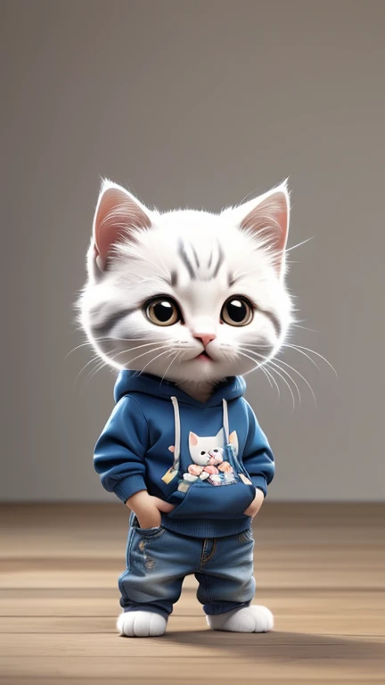 masterpiece,Highest quality,animal,a bit,cute,No humans,White kitten,Sweatshirt and denim outfit,Stand on hind legs