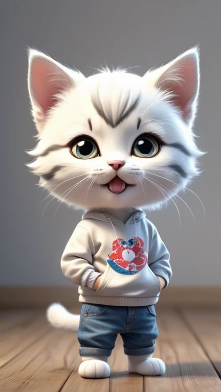 masterpiece,Highest quality,animal,a bit,cute,No humans,White kitten,Sweatshirt and denim outfit,Stand on hind legs