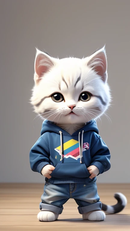 masterpiece,Highest quality,animal,a bit,cute,No humans,White kitten,Sweatshirt and denim outfit,Stand on hind legs