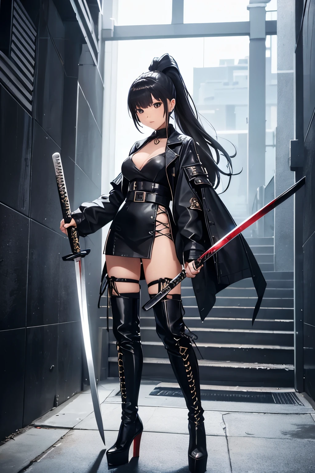 独奏，Girl in red hooded cloak，Short black hair，bangs between eyes，Red eyes，Black corset，Bondage belt，Black pleated skirt，Black suspender stockings，wielding a black mechanical sickle