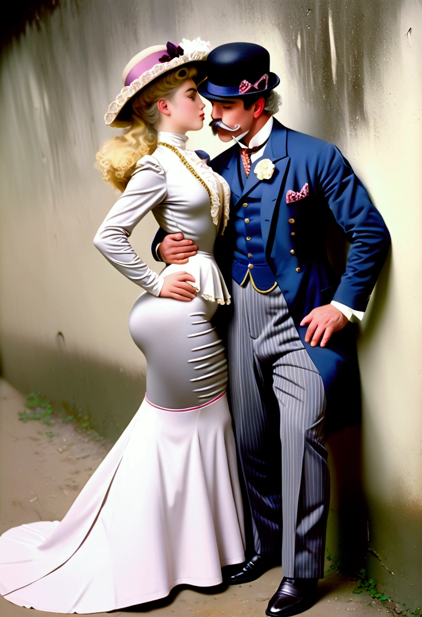 Year 1901. (((1man, 1girl:1.5))). A gorgeous thotty **** blonde Gibson Girl ((having sex:1.5)) with an aged horny 69yo white-haired gentleman. 1900_dress. (((NSFW.))) Man cornering girl on a wall. Man one head taller than girl. Girl wearing high-collar long sleeve dress, ornate wide-brimmed flat picture hat, long skirt, petticoats, stockings, boots, hourglass figure, buxom, wasp waist, bubble butt, one leg up. Man wearing three-piece business suit and bowler hat, handlebar mustache, beard.