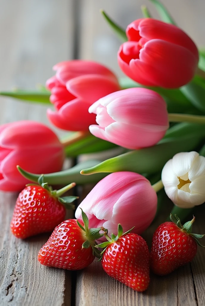 Still life drawing of tulips and strawberries on a table in pencil