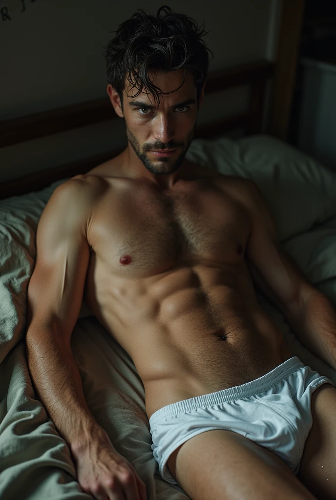 Crazy man, cute and attractive, perfect body anatomy, attractive muscular body, messy, beautiful and sweaty body , and he is wearing very transparent, dirty white shorts, marking the large volume in front of the bulge, is lying in the middle of a bed in the dark night dirty slum , trash everywhere , pig , wet underwear transparency , hard , seen up close , thick large penisck large penis , ja off, masturbating hind holds his peni