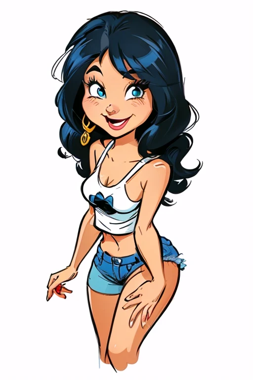 a cartoon of a woman in a white blouse and blue shorts, cartoon artworkstyle, in cartoon style, cartoon character, cartoon image, cartoon artwork style, Betty Boop, cartoon style illustration, comic character design, cute cartoon character, cartoon artwork, 90s comic book character design, comic pinup style, comic character,  pin-up, J.. Scott Campbell, cartoon drawing