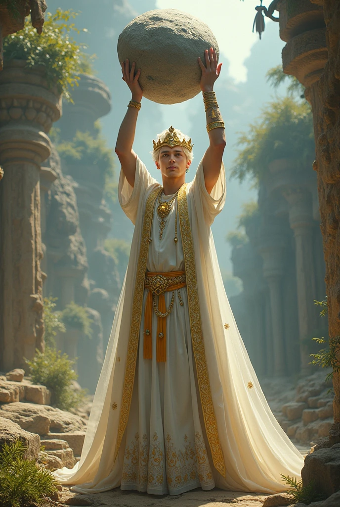 22 year old man, short, wavy white hair and large yellow eyes and round face. Dressed as a king with a golden crown and a white outfit. With powers lifting a stone with the mind
