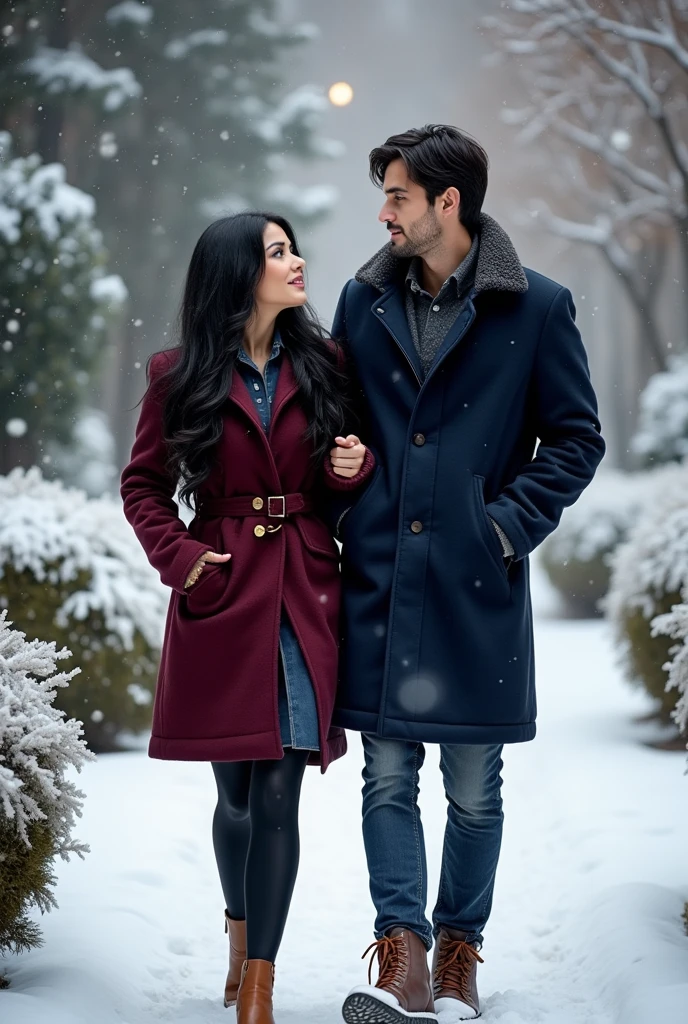 a woman with black hair and green eyes talking to a tall man with black hair and green eyes and they are both wearing winter clothes walking through a snowy garden in the most realistic style you can, leave it at a wider angle