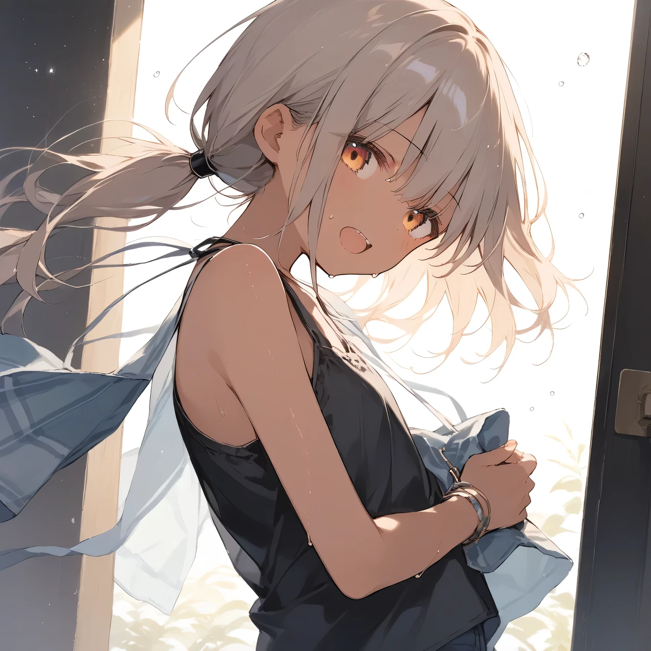 score_9, score_8_up, score_7_up, source_anime, best quality, masterpiece, official art, absurdres, highres, ultra-detailed,waifu2x,Collection: Slice of Life,break,1girl, tomboy, dark-skinned female, short hair, low ponytail, flat chest, beautiful detailed eyes, shorts, sweat, open mouth, (yawn:0.3), sleepily, outdoors, wind, break,(clear line illustration:1.2), super detailed skin,very high resolution, very aesthetic, Best sexual lighting powered by famous artist, 8k, 16k, cute picture,beauty illustration,photoshop_(medium),,(Detailed Lighting),best anime 8k konachan wallpaper, pixiv contest winner, artist:clamp ,artist:carnelian ,artist:kantoku ,