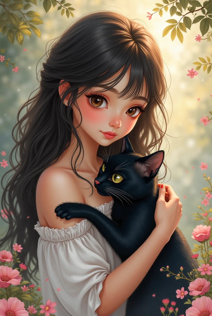 Woman with long wavy hair with bangs and dark eyes hugging a black cat, watercolor style
