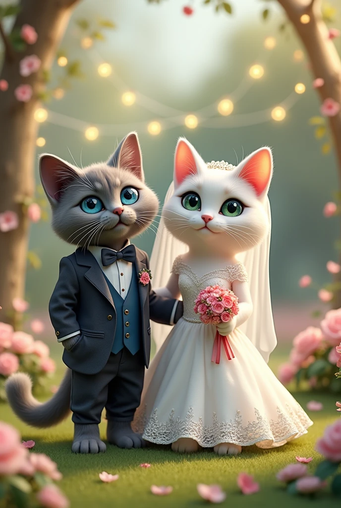 The gray blue-eyed cat in a wedding suit and the white green-eyed cat in a wedding dress are getting married.