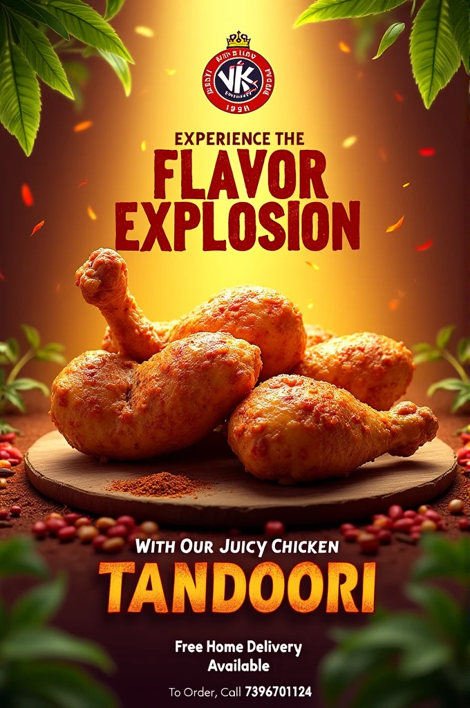 A vibrant and eye-catching poster for VK Family Restaurant's tandoori chicken offer. The background is a lively and colorful theme, featuring fresh green leaves, abstract food-related patterns, and a burst of spices, representing the freshness. The VK Family logo is prominently displayed at the top, followed by enticing image of Chicken Tandoori prominently.
The center of the poster features the text "Experience the Flavor Explosion with Our Juicy Chicken Tandoori!" to catch the viewer's attention. 'Free Home Delivery Available' and 'To Order, Call 7396701124' are, photo, illustration, poster, typography, cinematic, 3d render