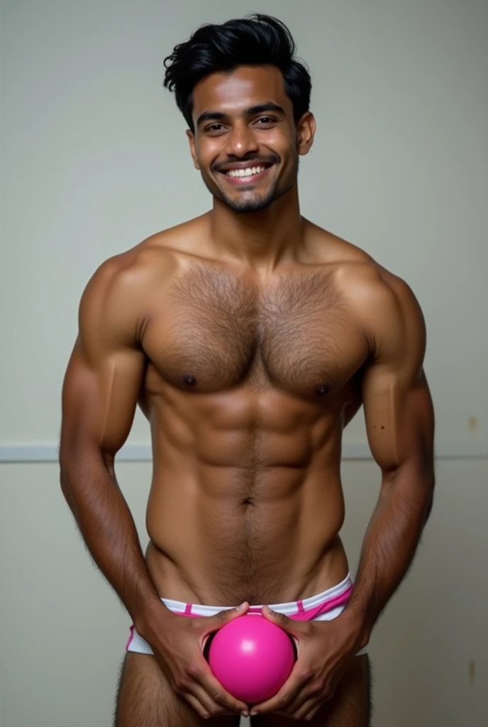 Indian Full Nsfw Men, Age 19, White body colour, Smile, black hair, sexy Hairy Chest with pink bold nipples, abs, 14 inches biceps hands up open hairy armpits, pubic hair, Holding uncut 7 inches Dick, pink long balls, hairy legs
