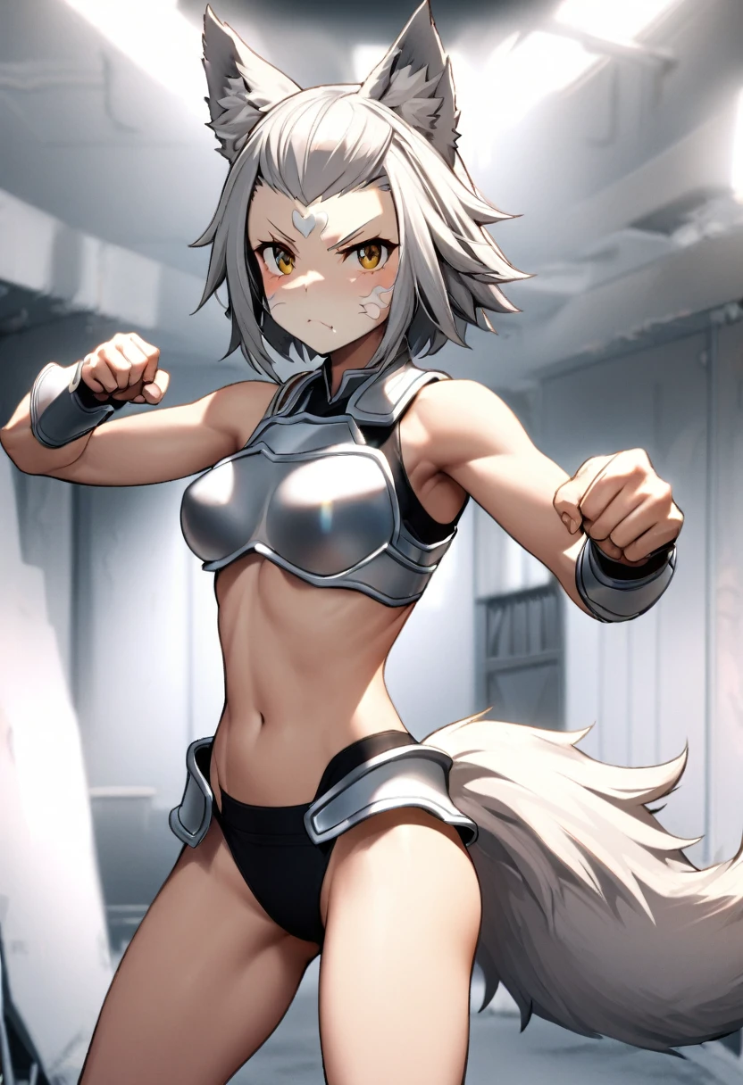 1girl, solo, short bob, wolf girl, medium breasts, athlete, (bikinia armour), forehead, waistcloth, bare limbs, bare stomach, bare thgihs, Humanoid face and body, wolf ears, stripes on cheeks, standing, wolf's tail, fighting pose, 狼の牙, stand pain well