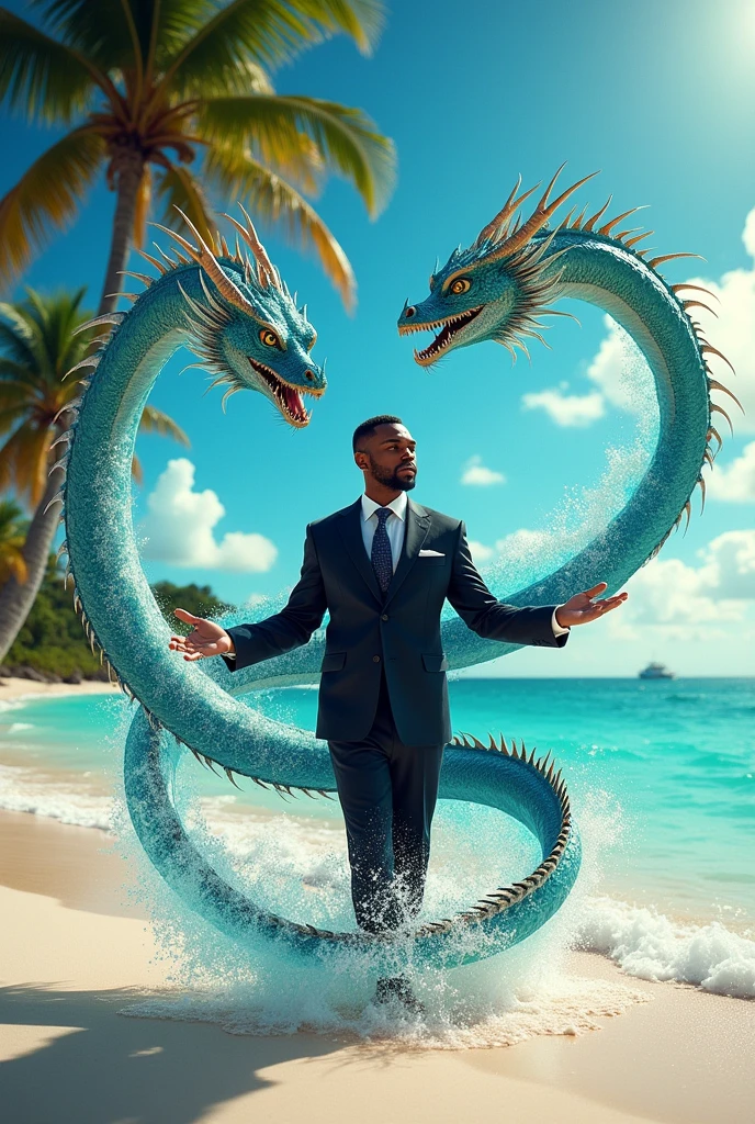 Black man water bending
in suit and tie in the caribbean. Creating several water dragons
