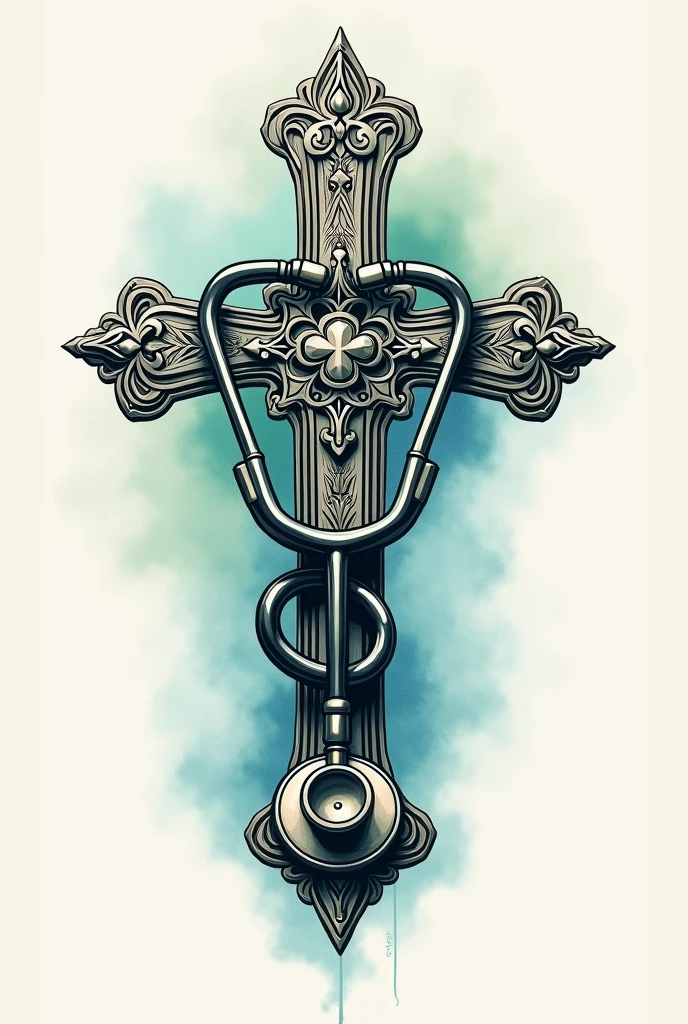 Tattoo of a cross with a medical stethoscope