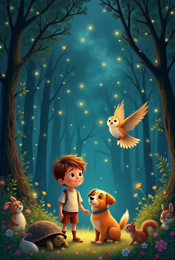 Touched by the kindness of Leo and Max, The owl agreed to release the stars. Grateful, The forest animals celebrated with a party under the starry sky. The owl joined as a new friend, and Max and Leo were hailed as heroes. Show me the boy and the dog too