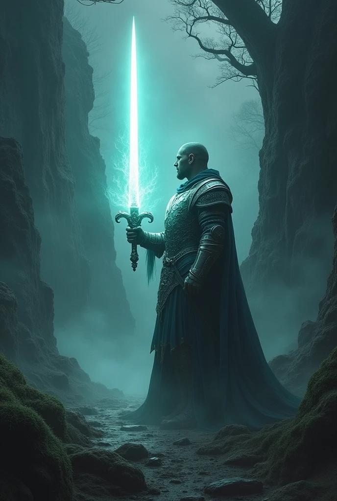 Warrior in armor and sword in dark valley emitting light in holy spirit war