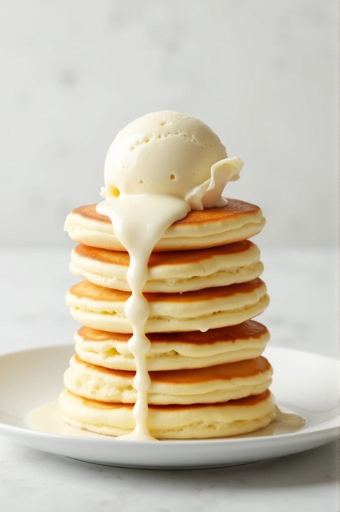 Japan soufle pancake of ice cream
A tall pancake, ice cream melting on a plate, white background, nomad app style