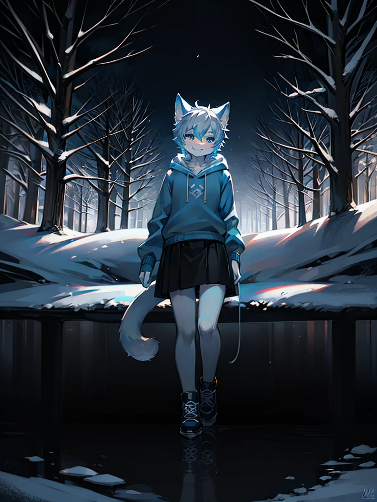 Furry, Anime furry, anthro male cat, light blue and white fur, short white hair, solo, blue sweatshirt, full body character, anime style character, digital painting, black skirt, black medieval shoes. winter forest, snow tempest, smiling