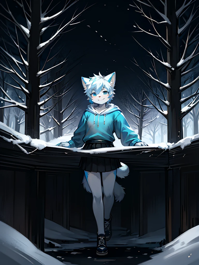 Furry, Anime furry, anthro male cat, light blue and white fur, short white hair, solo, blue sweatshirt, full body character, anime style character, digital painting, black skirt, black medieval shoes. winter forest, snow tempest, smiling