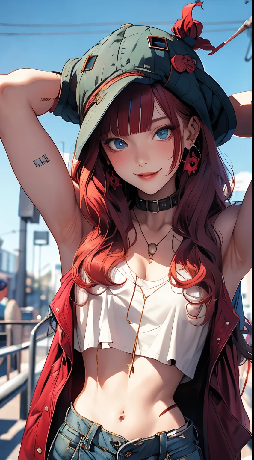​masterpiece, highest quality, pixiv, cooles Girl, the strongest pirate girl, topless, Lips in love, Red hair, curly Red hair, blunt bangs, straight bangs, blue eyes, White skin, Girl, improve,Look at the Beholder, smile,