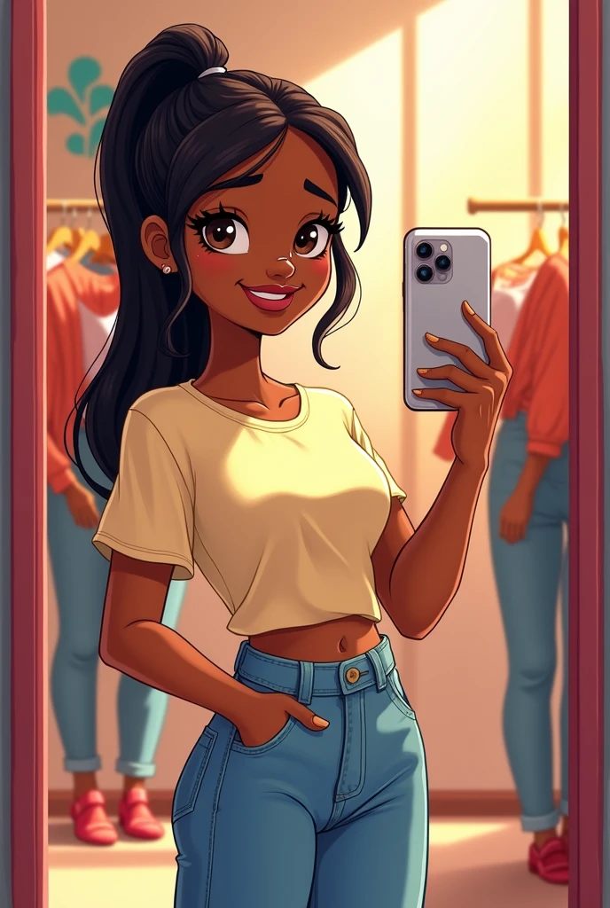Disney-type drawing of a thin dark-skinned girl with long hair tied back in a straight ponytail, Brown eyes, right nose piercing, dressed in jeans and a t-shirt, with an iPhone in hand,stop in the fitting room of your store