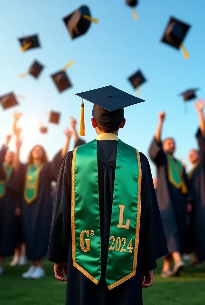 a green graduation stole with gold edges and that says G' 2024 on the right side and LGM on the left side