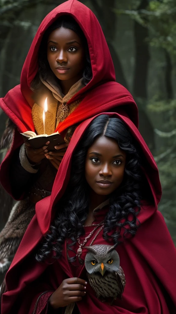 A dark-skinned, dark-haired elf with a red hooded cloak accompanied by a wolf and an owl